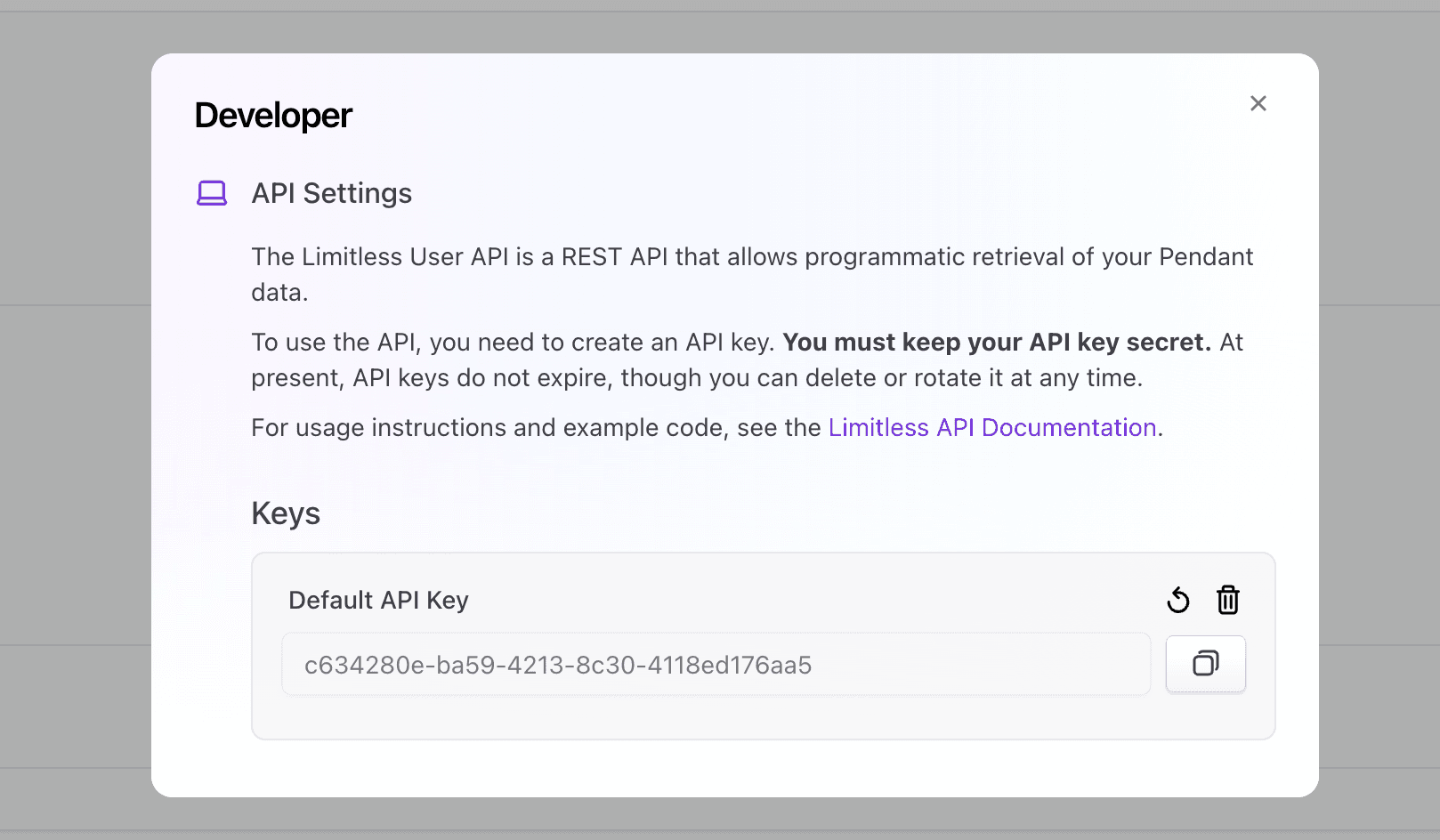Developer API screenshot